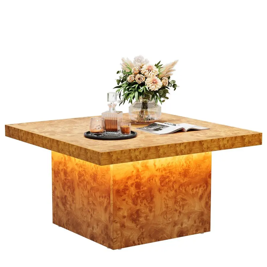 Coffee Table Square LED Coffee Table, Burl Wood Grain Tea Coffee Tables for Living Room Apartment, Modern Wooden Center Table f