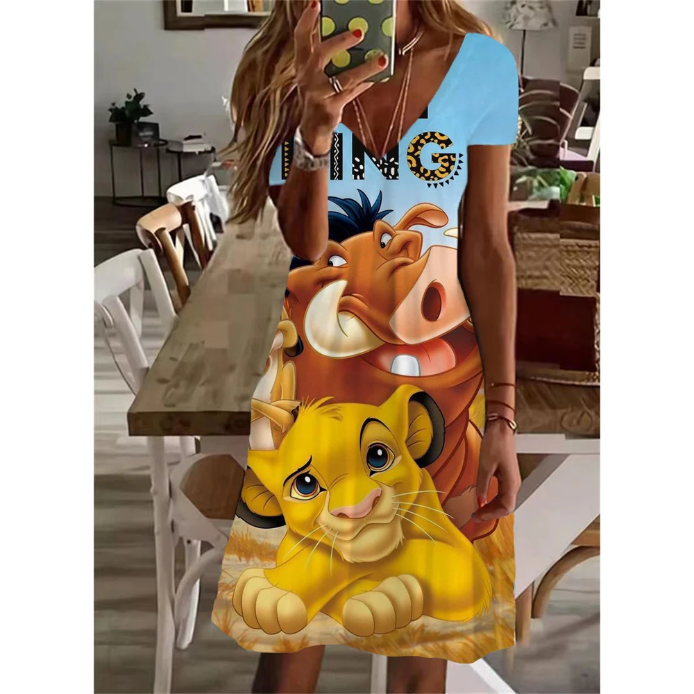 thumbnail image 1 of Vestido corto informal de verano con escote en V y manga corta, estilo playero, con estampado del Rey León, 2024, 1 of 5