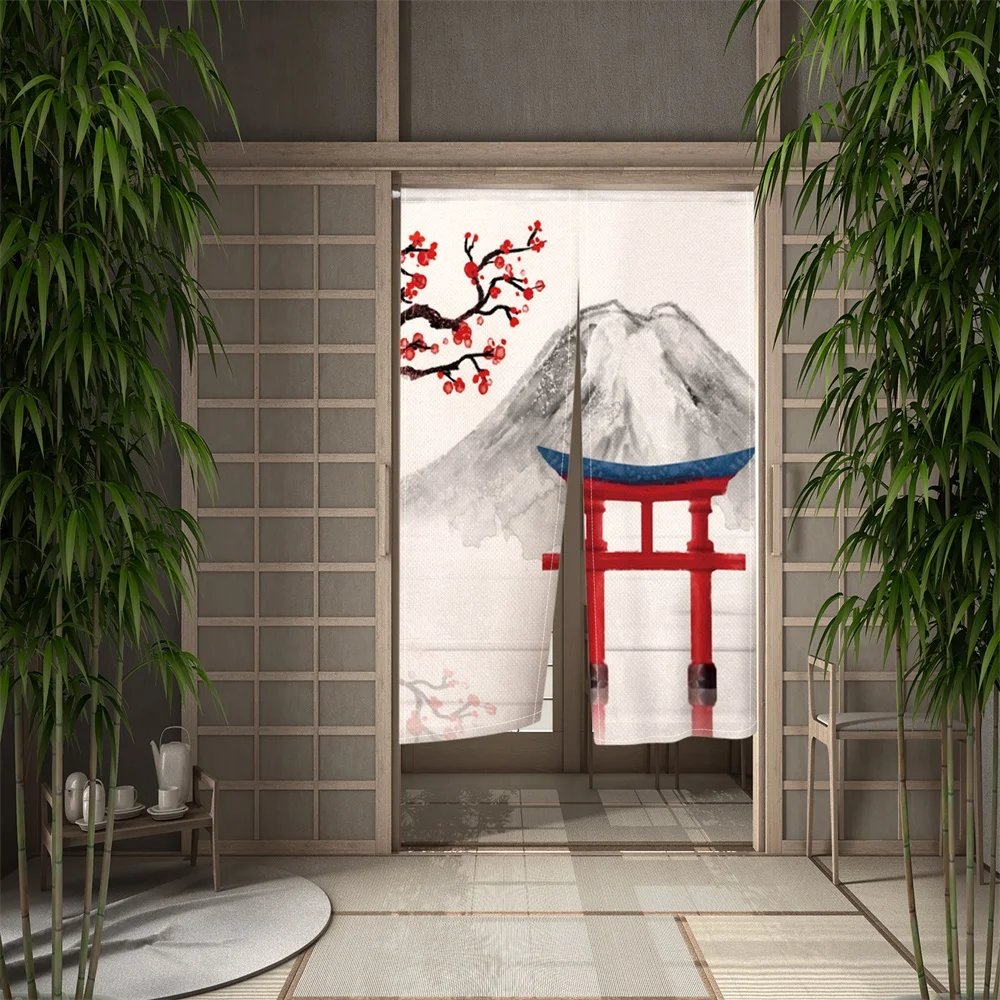Japanese Style Ink Painting Door Curtain Tradition Retro Fuji Mountain Cherry Blossom Bedroom Partition Kithchen Divider Curtain 2