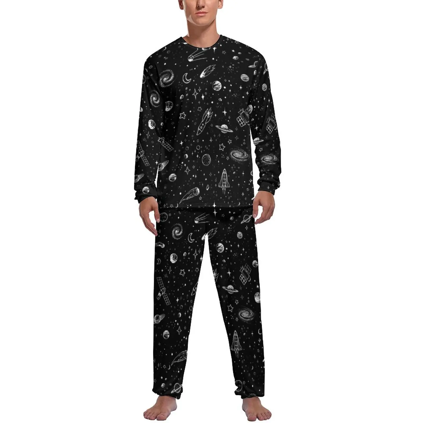 

Moon Star Pajamas Mens Space Galaxy Universe Elegant Home Suit Spring Long Sleeve Two Piece Aesthetic Graphic Pajamas Set