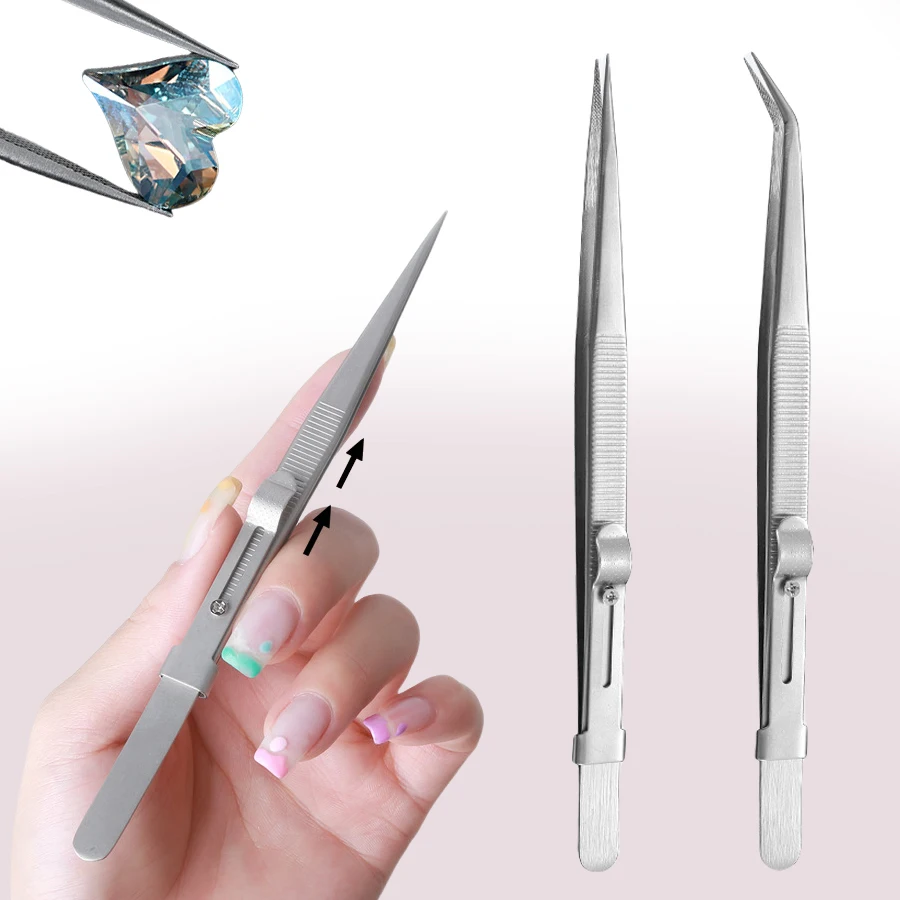Anti-Slip Lock Nail Art Tweezers Fine Tip for Density Rhinestones Gem Beads Pickup Tool Jewelry Application for Acrylic Nails