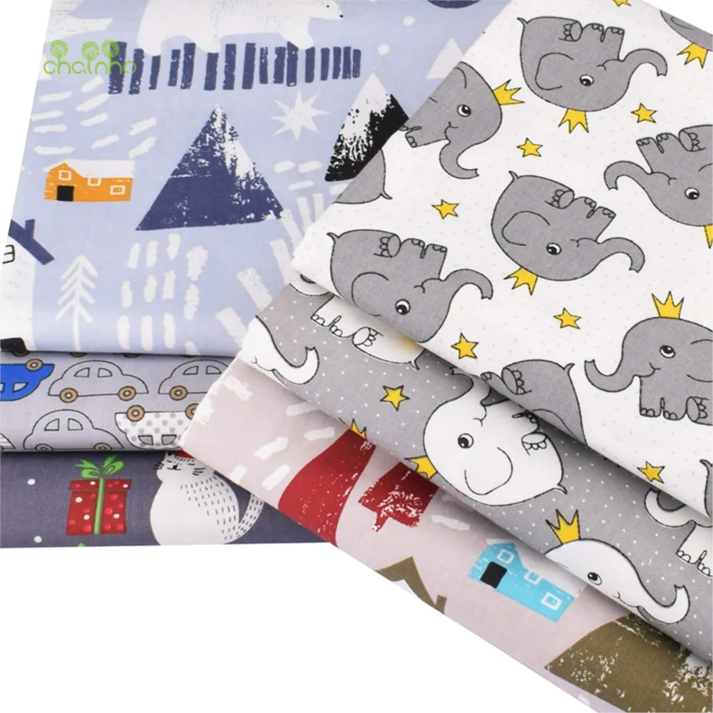 Chainho,Printed Twill Weave Cotton Fabric,Patchwork Cloth,DIY Sewing Quilting Material,Gray Cartoon Series,6 Design,2 Size,15C38