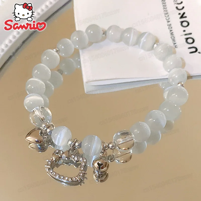 

Sanrio Hello Kitty Moonstone Bracelet Love Bell White Bracelet Handmade Beaded Jewelry for Bestie Girls Cartoon Cute Design Gift