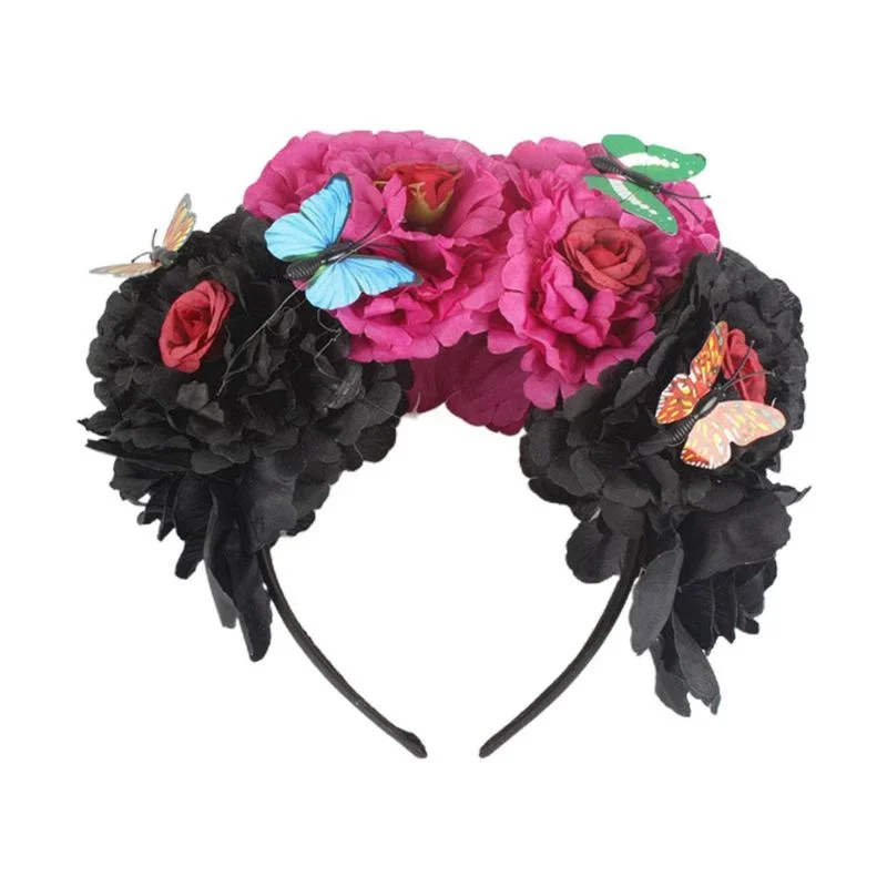 

2024 Halloween Simulation Colorful Peony Flower Headband Fairy Butterfly Mexican Wreath Crown Cosplay Party Costume Day Dead