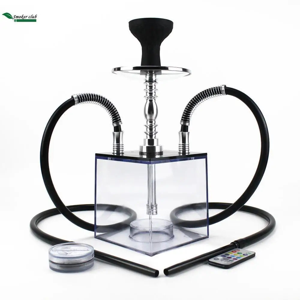 Cube Acrylic Hookah Set With 2 Hose Led Light Silicone Bowl Hookahs