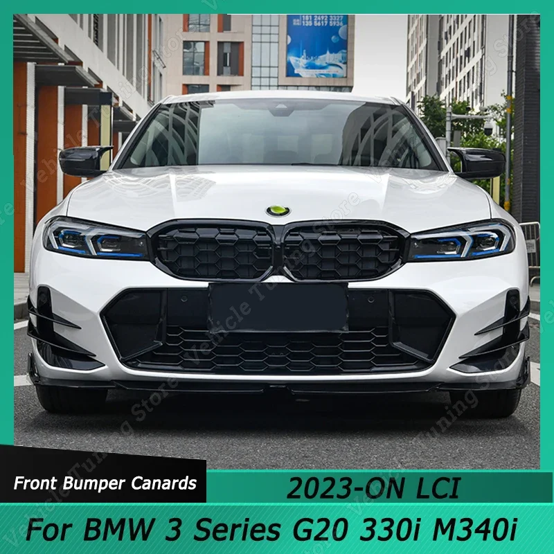 

For BMW 3 Series G20 330i M340i 2023-ON LCI 4pcs Front Bumper Canards Splitter Spoiler Sticker Tuning Body Kits Gloss Black ABS