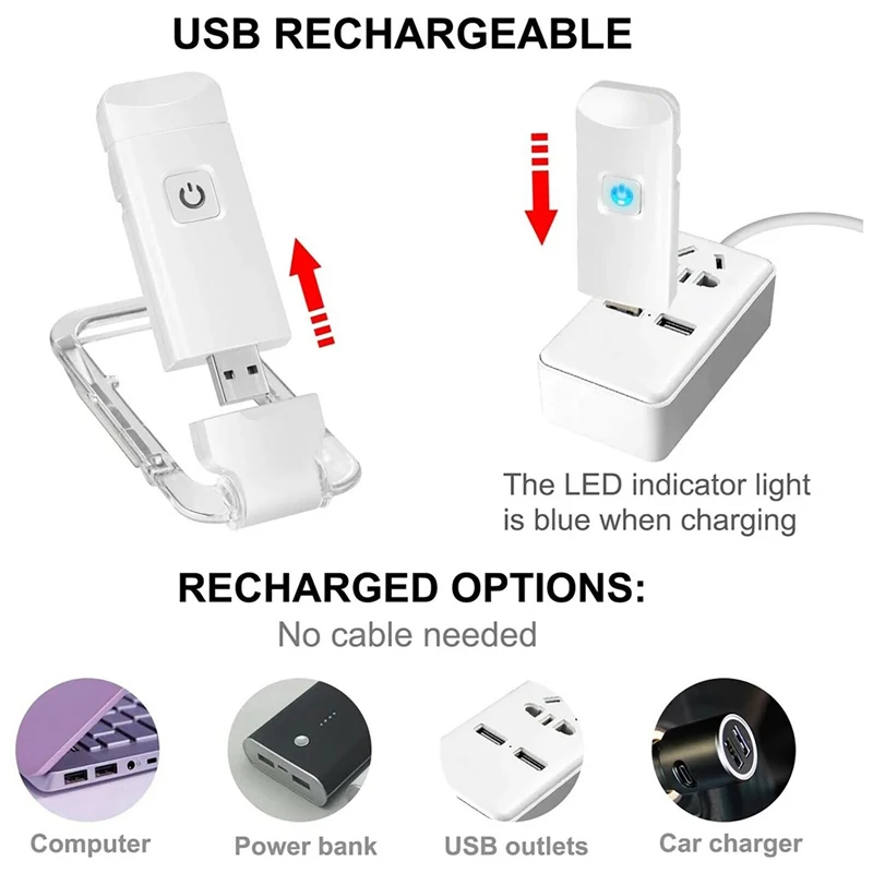 USB Rechargeable Adjustable Brightness LED Clip-On Bookmark Reading Light