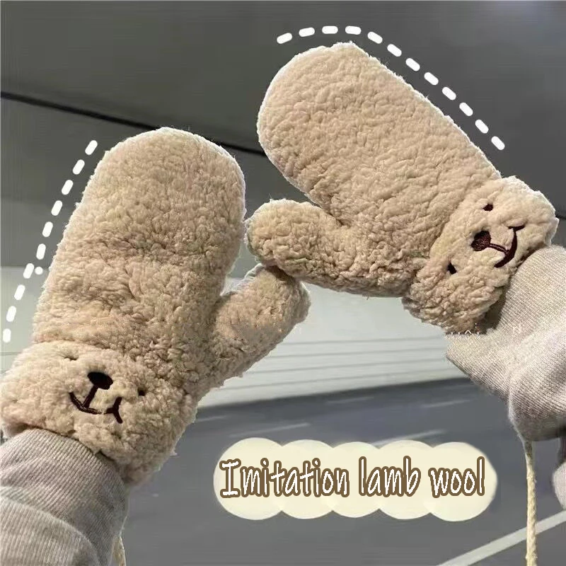 

New Cute Bear Gloves Imitation Lamb Wool Mitten Women Cute Mittens Cartoon Fingerless Glove Anime Bear Warm and Cold-proof Glove