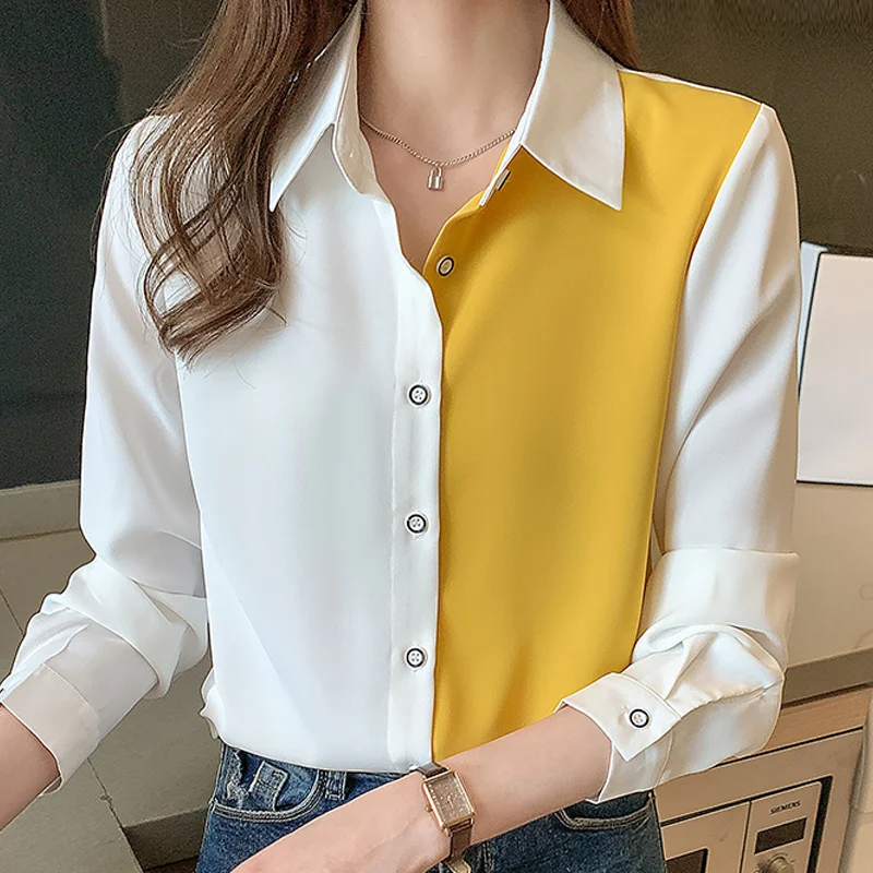 

Женская шифоновая блузка с длинным рукавом, отложным воротником, F260