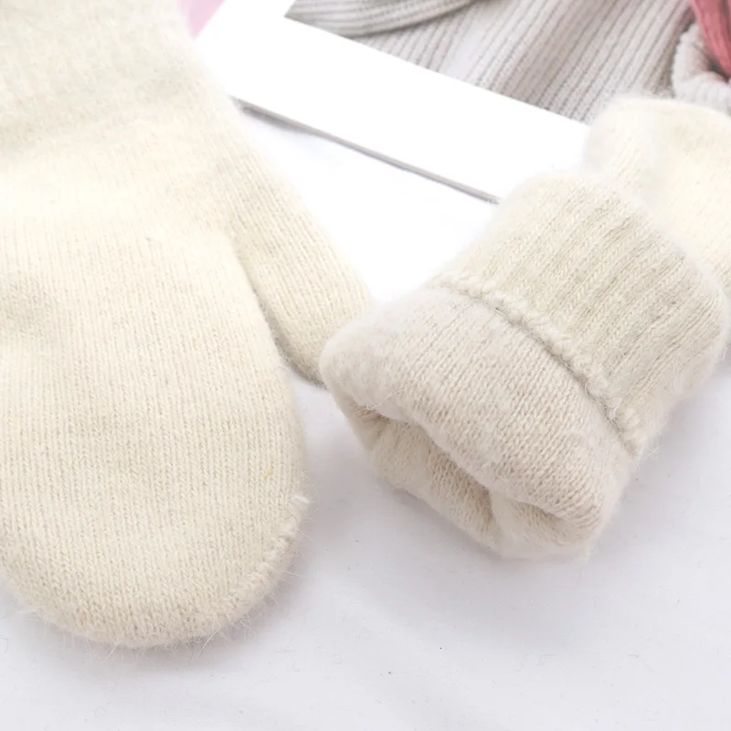 Women Winter Keep Warm Plus Cashmere Solid Color Woolen Elasticity Soft Full Fingers Mittens Girls Black Fur Knitted Cute Gloves