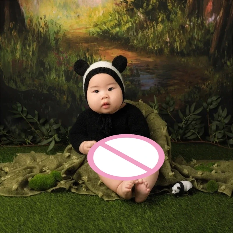 

2Pcs Photography Props for Baby Boy Girl Unisex Jumpsuit Panda Ear Hat Romper Newborn Photoshooting Accessories