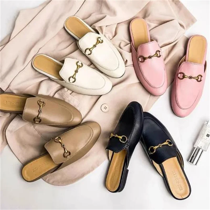 2024 new Spring Summer Street Buckle Baotou lady slippers wearing leather Muller flat slippers