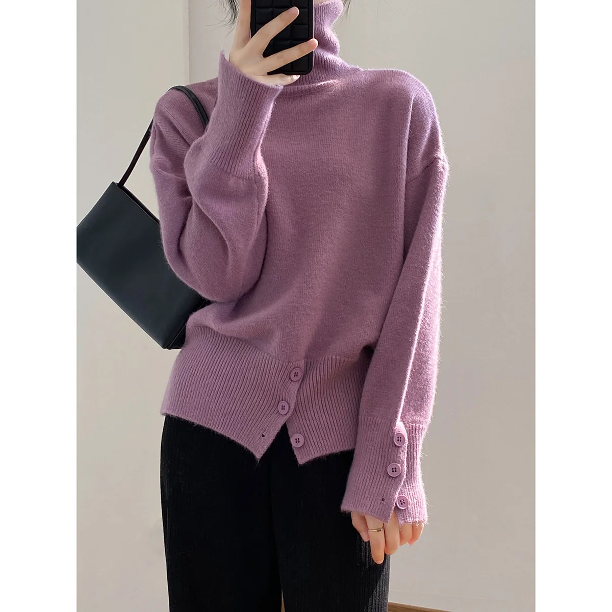 

Design Sense Button Slit Turtleneck Sweater Women 2022 Winter New Loose Pullover Knit Sweater