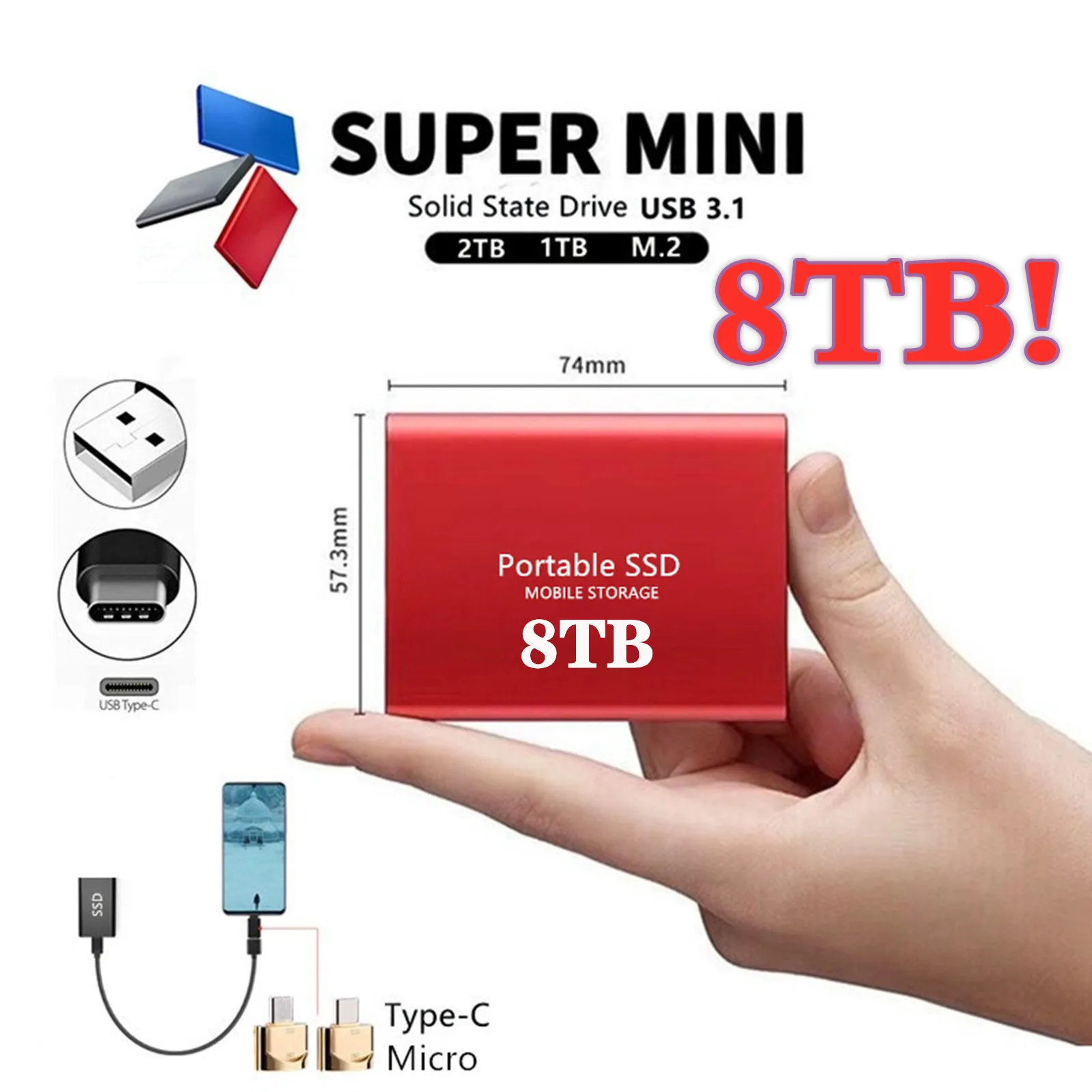 Usb 3 1 8tb ssd external hard drive mobile solid state hard disk for