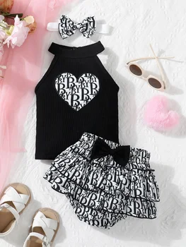 Set di top senza maniche con cinturino al collo stampato di marca Lmitation casual carino estivo per neonato e set di pantaloni a triangolo con doppio fiocco in pizzo 1