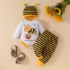 Infant Baby Clothes Sets Boys Girls Long Sleeve Cartoon Prints Romper Bodysuit Striped Pants Hat 3Pieces Outfits Baby Clothing 1