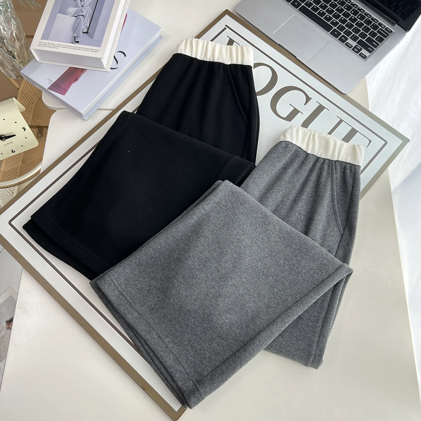 Plus Size Women's Straight Leg Pants Autumn Casual Color Blocking Hight Waisted wide-leg Trousers 387