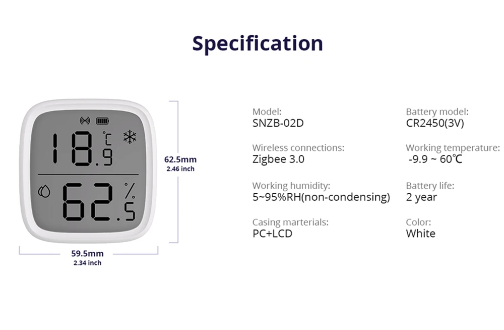 SNZB-02D Zigbee Smart Temperature Humidity Sensor Large LCD Remote Real-time Mon