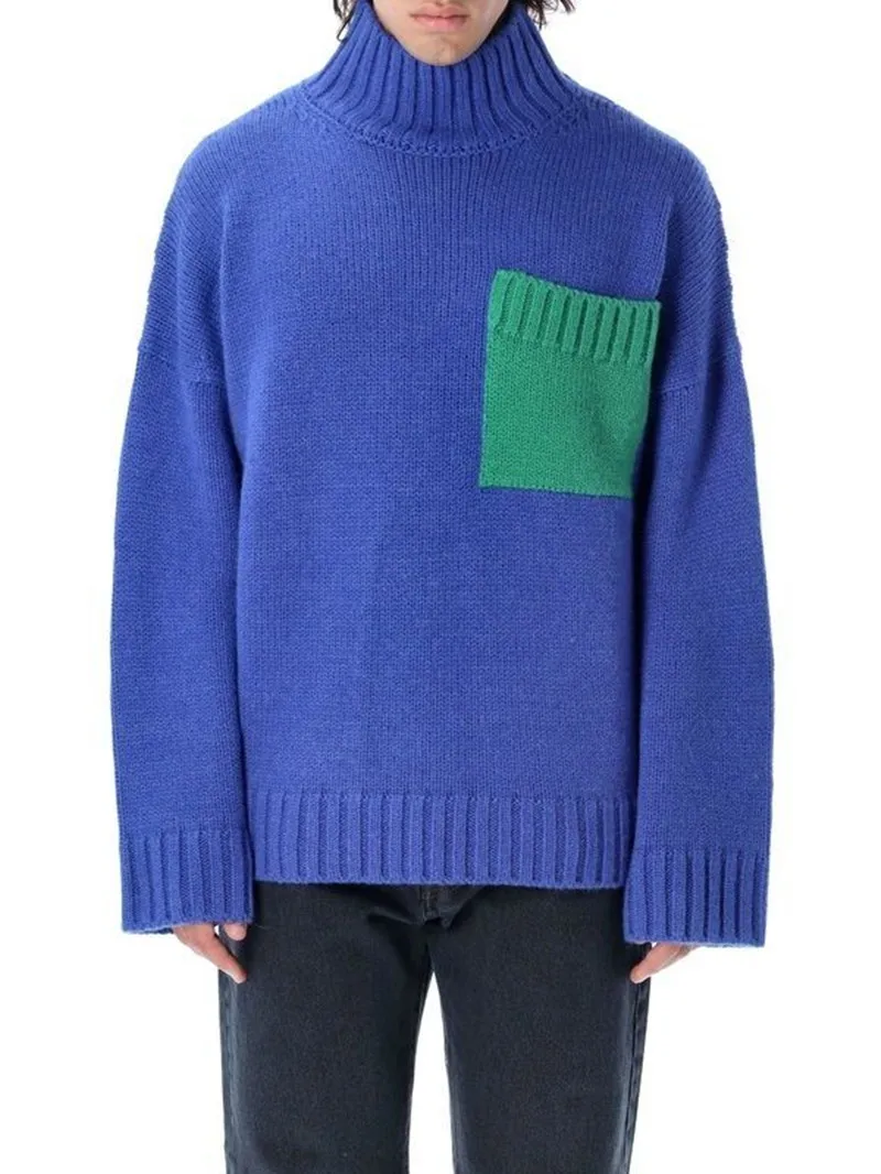 2022 New Women's Wool Sweater Pocket Contrast Color Couple Long Sleeve