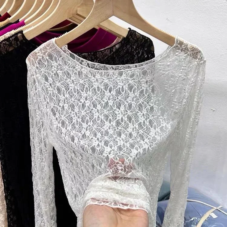 Women Lace Mesh High Collar Bottom T-shirts Female Long Sleeve Autumn Casual Style Tight Thin Tops T-shirts Women Clothes