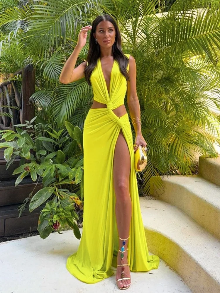Wmstar Dress Women Wholesale A New Solid-color Sexy Deep V Shaped Cut Out Slit Figure Hugging Long Dresses for Woman  Summer
