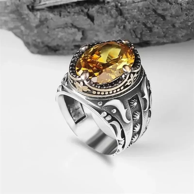Signet Ring Vintage Handmade Turkish for Men Silver Color Carving Pattern Inlay Zircon Punk