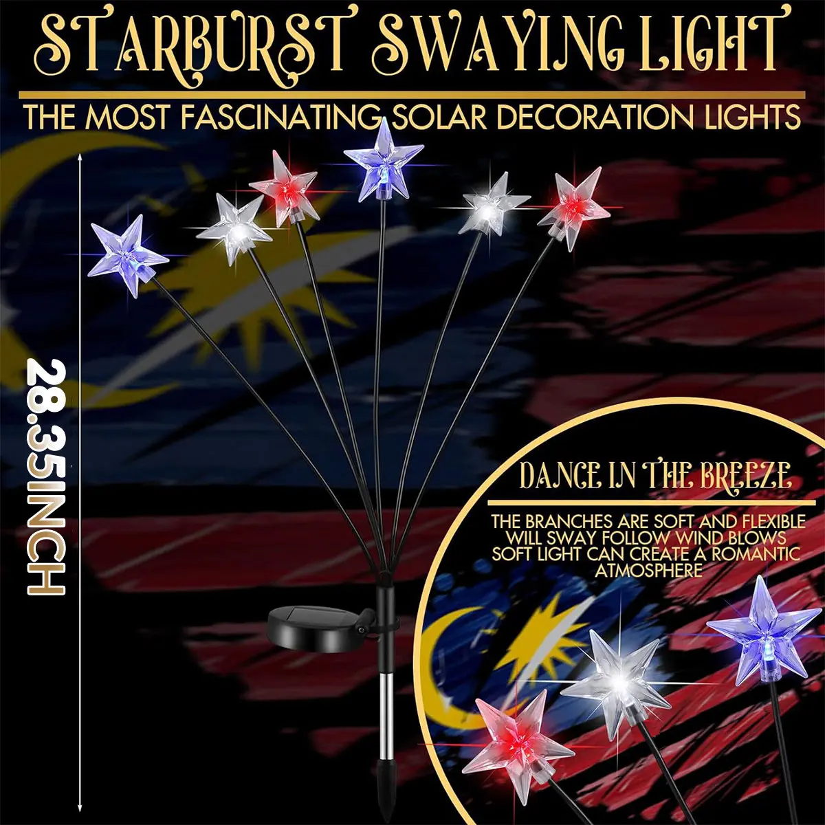 Solar Red White Blue Star Stake Lights 4th of July Outdoor Decorative Light Waterproof Swing Atmosphere New Year's Garland Lamp