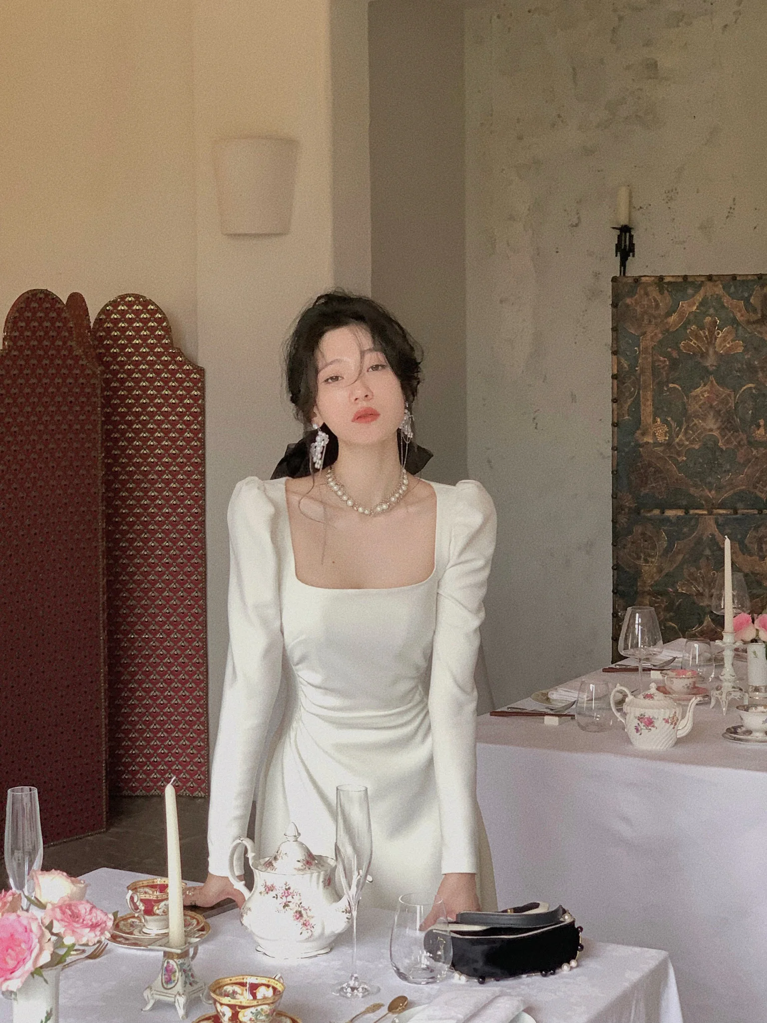 Spring New Elegant Square Collar Midi Party Dresses for Women Long Sleeve Black White Slim Vestidos Female High Waist Clothes