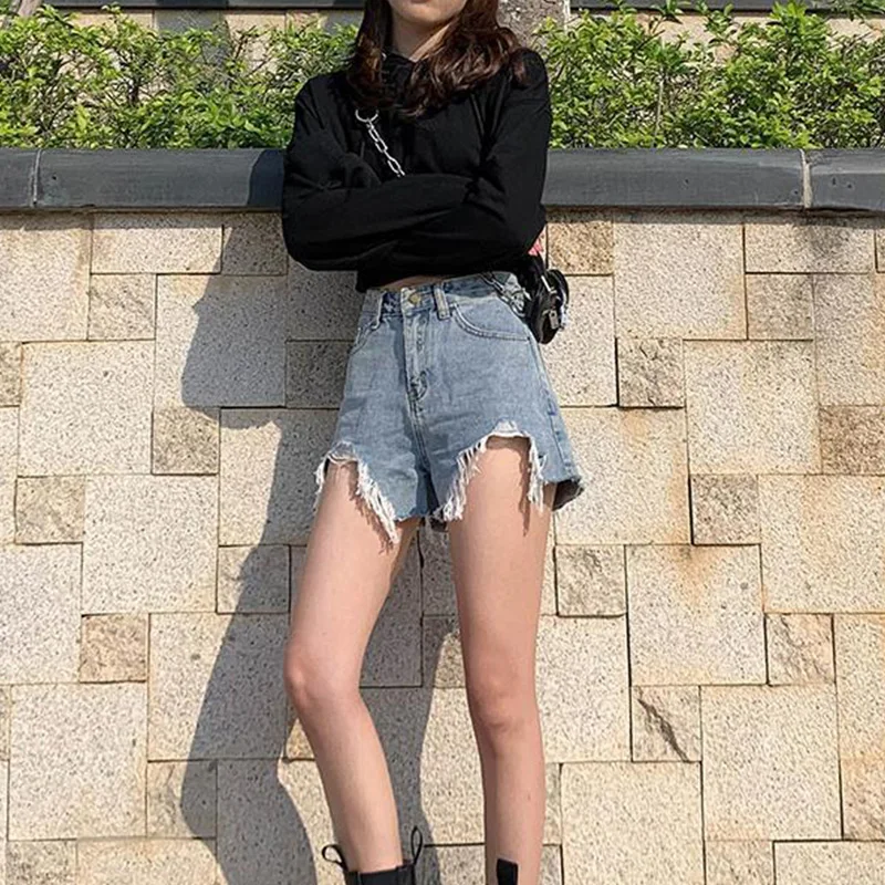 Summer Streetwear Y2K Trend Fashion Wide Leg Hole Short Jeans Female High Waist All-match A-line Denim Shorts Women's Clothing