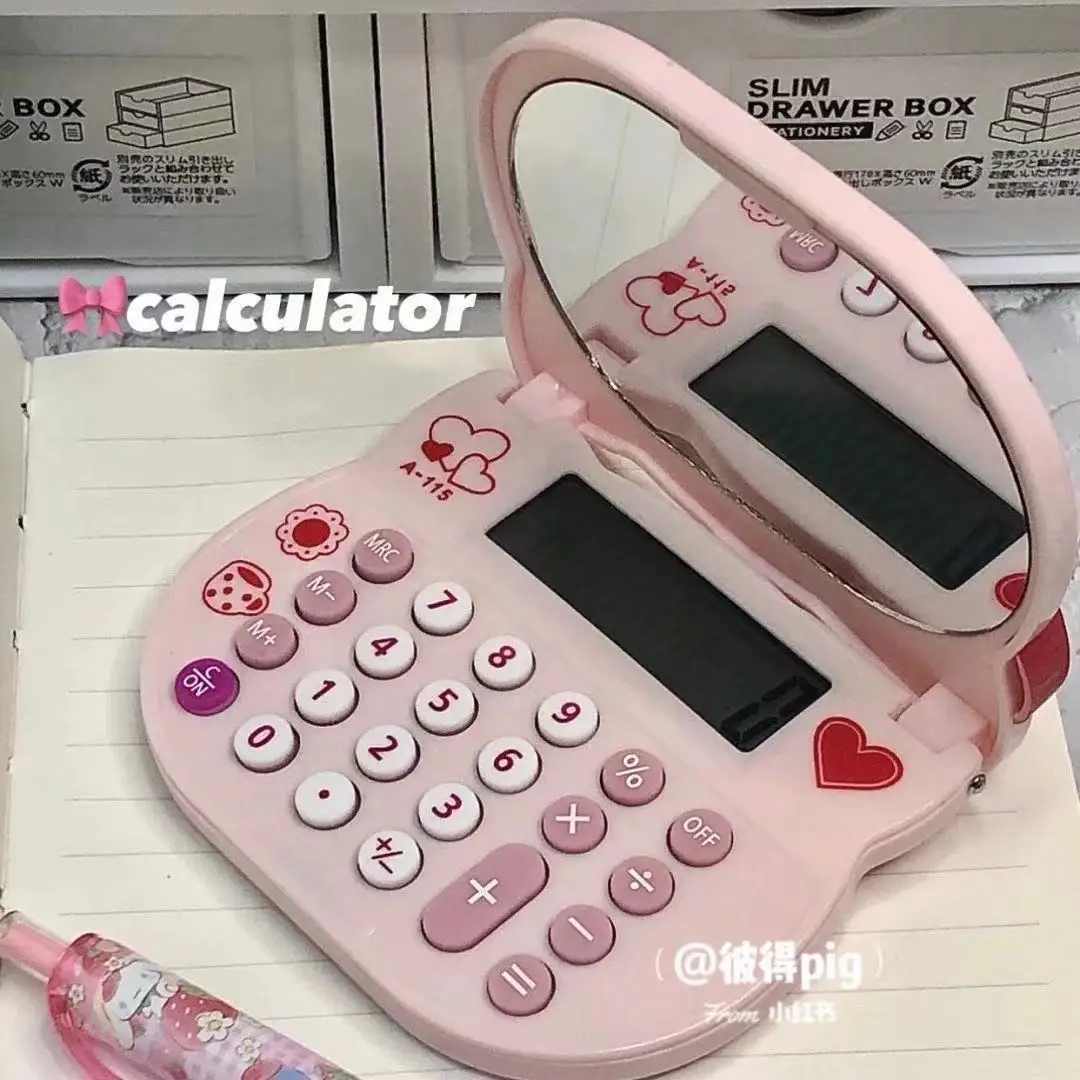 

New Sanrio Kawaii Hello Kitty Mini Calculator Girl Heart Cute Cartoon Anime Portable Flip Mirror Computer Makeup Mirror Kid Gift