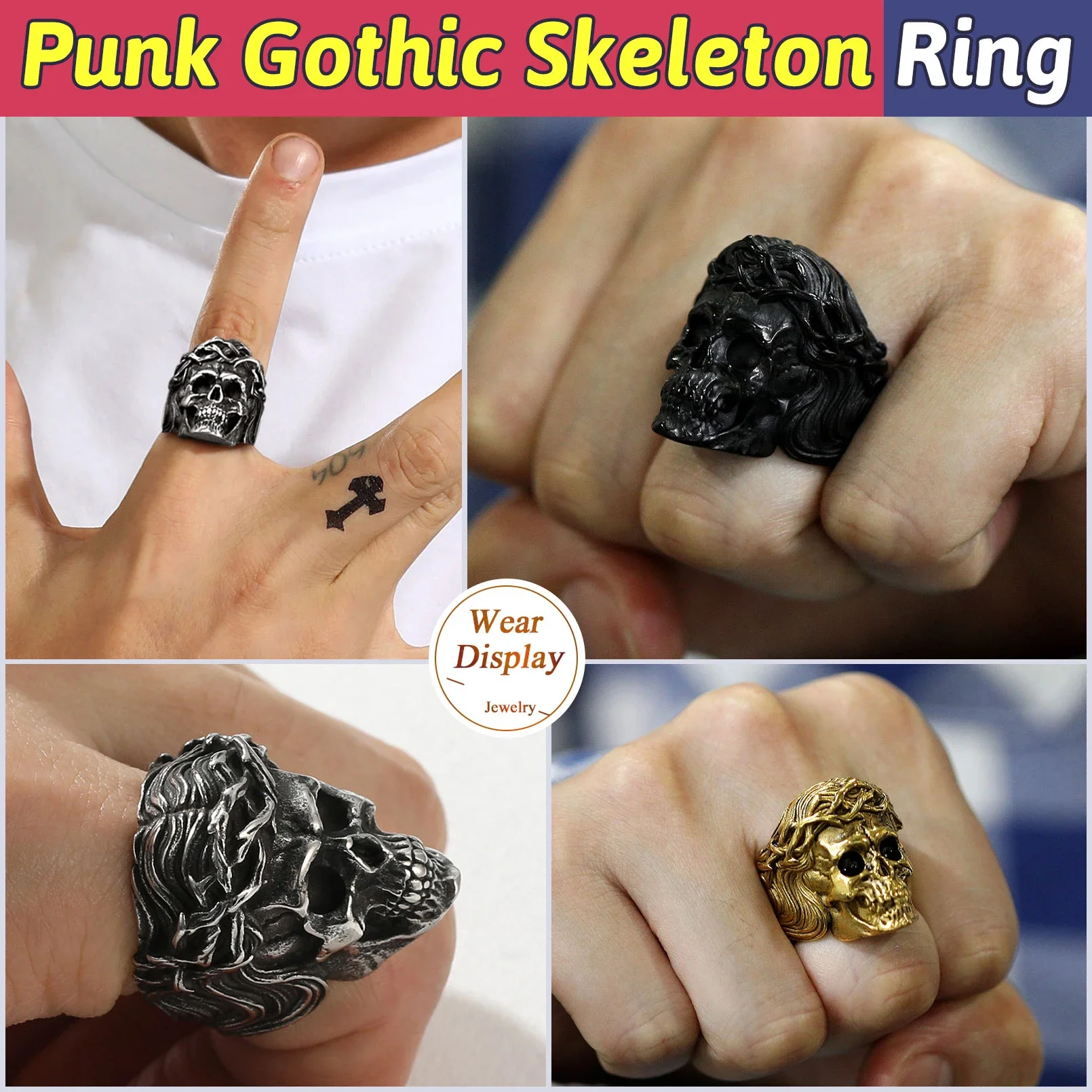 U7 Stainless Steel Big Skull Rings for Man Woman Size 7-14 Cross 3D Skeleton Cuban Chain Celtic Knot Pattern Gothic Punk Jewelry 2