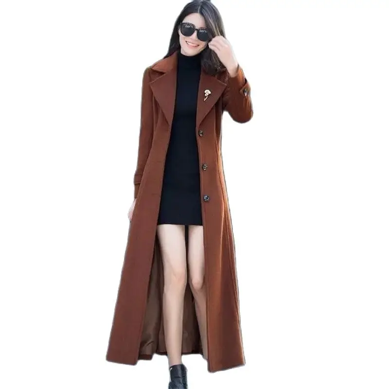 

2023 Spring Autumn New Korean Waist Slimming Over-Knee Thick Keep Warm Woolen Coat Temperament Overcoat Women's Long Woolen Coat