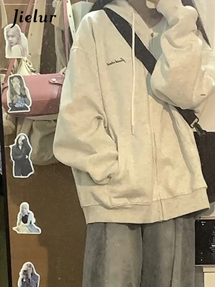 Jielur American Loose Casual Women Hoodies Solid Color Simple Basic Street Chicly Hoodies Woman Korean Gray Fashion Top Female
