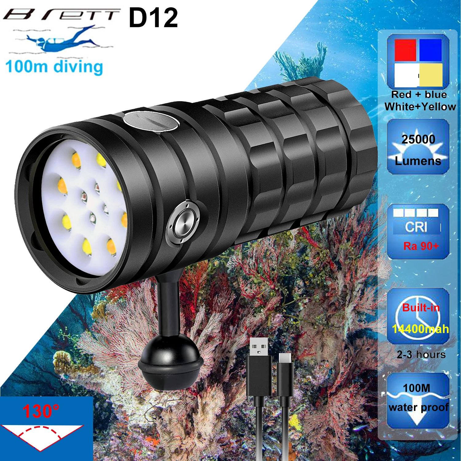 New Led Diving Flashlight 8 Xhp50 25000lumens Underwater 100m Waterproof Photography Tactical