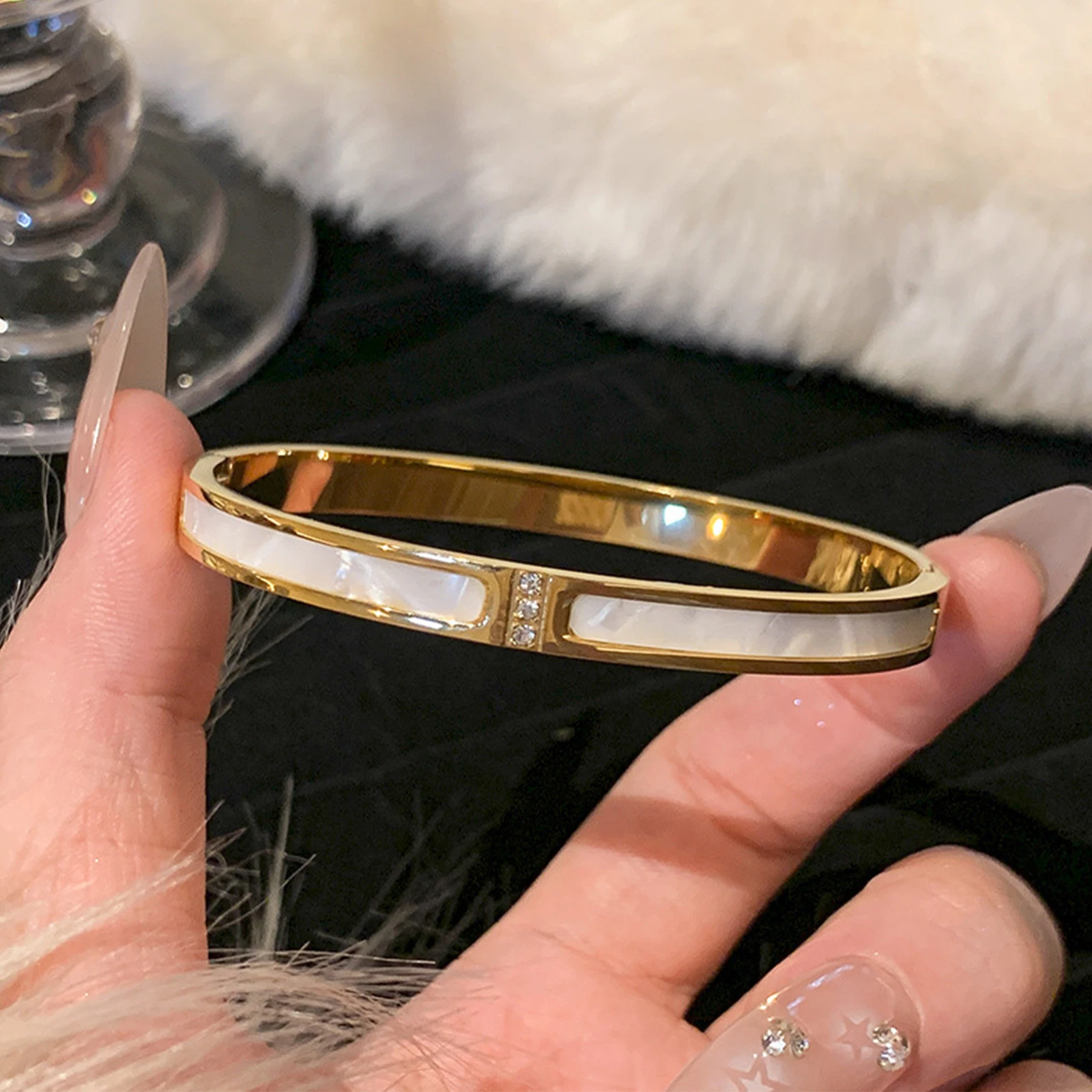 Zircon Bracelet Titanium Steel Gold Fashionable Classic Style Stainless Steel Inlaid With Zircon For Womens Daily Wear 1pc