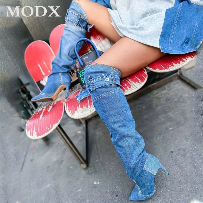 

Denim Over-the-knee Boots Pointed Toe Stiletto Splicing Sexy Thin High Heels Fashion Blue Party Runway Shoes For Women Big Size