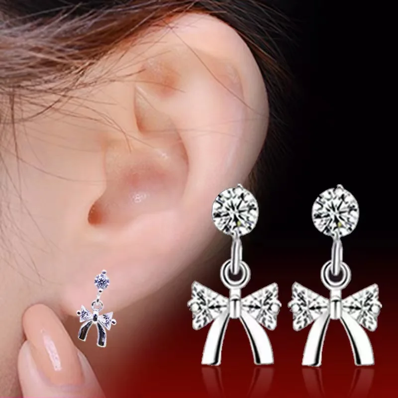 Silver Bow Earrings SLUYNZ Sterling Silver Bow Hoop Earrings With CZ Stones - Dainty Huggie Earrings For Women CZ Bow Hoop Huggie Earrings For Women Teens Gifts