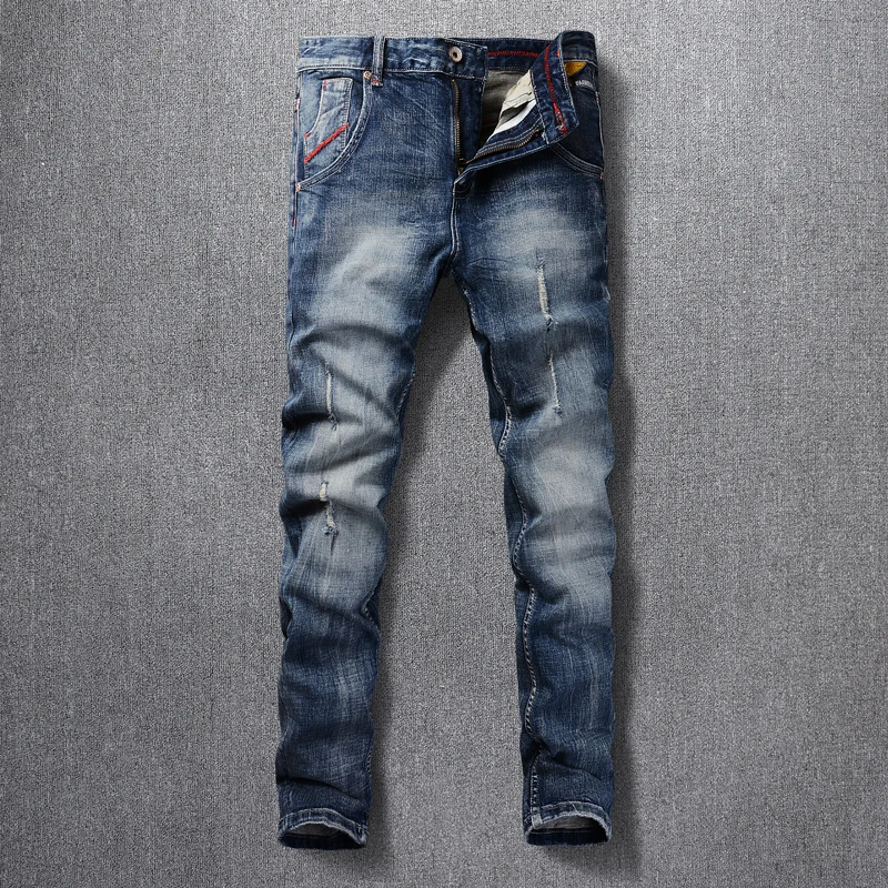Fashion Vintage Men Jeans Retro Washed Blue Elastic Slim Fit Hole Ripped Jeans Men Embroidery Designer Cotton Denim Pants Hombre men s jeans stretchy ripped skinny biker embroidery print hole jeans slim fit denim pants jean trousers for men