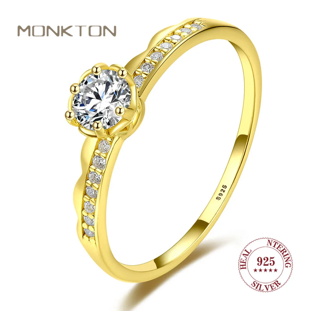 

Monkton S925 Sterling Silver Wedding Rings for Women Gold Flower Zircon Ring Wave Fine Jewelry for Girlfriend Anniversary Rings