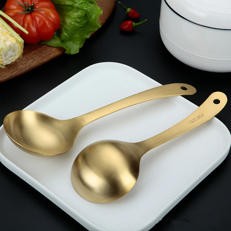 Silicone Rice Spoon Stainless Steel Rice Soup Spoon Long Handle Stirring Dessert Spoons Golden Mirror Polished Tableware