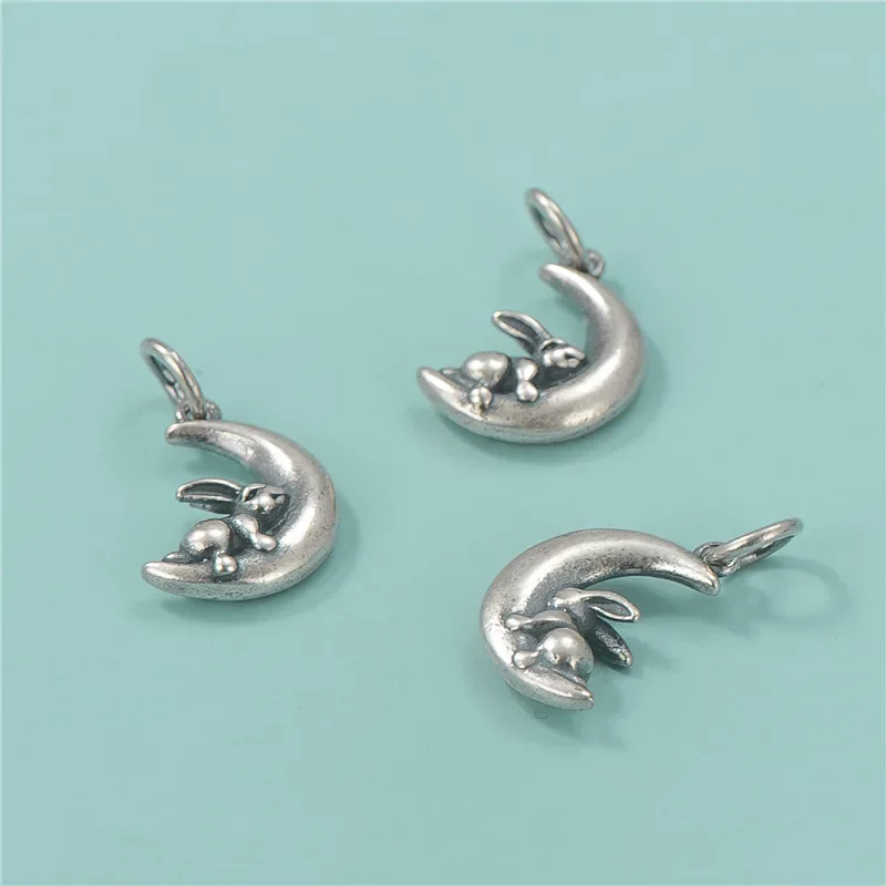 TrustDavis Real 925 Sterling Silver Fashion Sweet Cute Moon Rabbit Charm Pendant Handmade DIY Accessories Fine Jewelry HY495