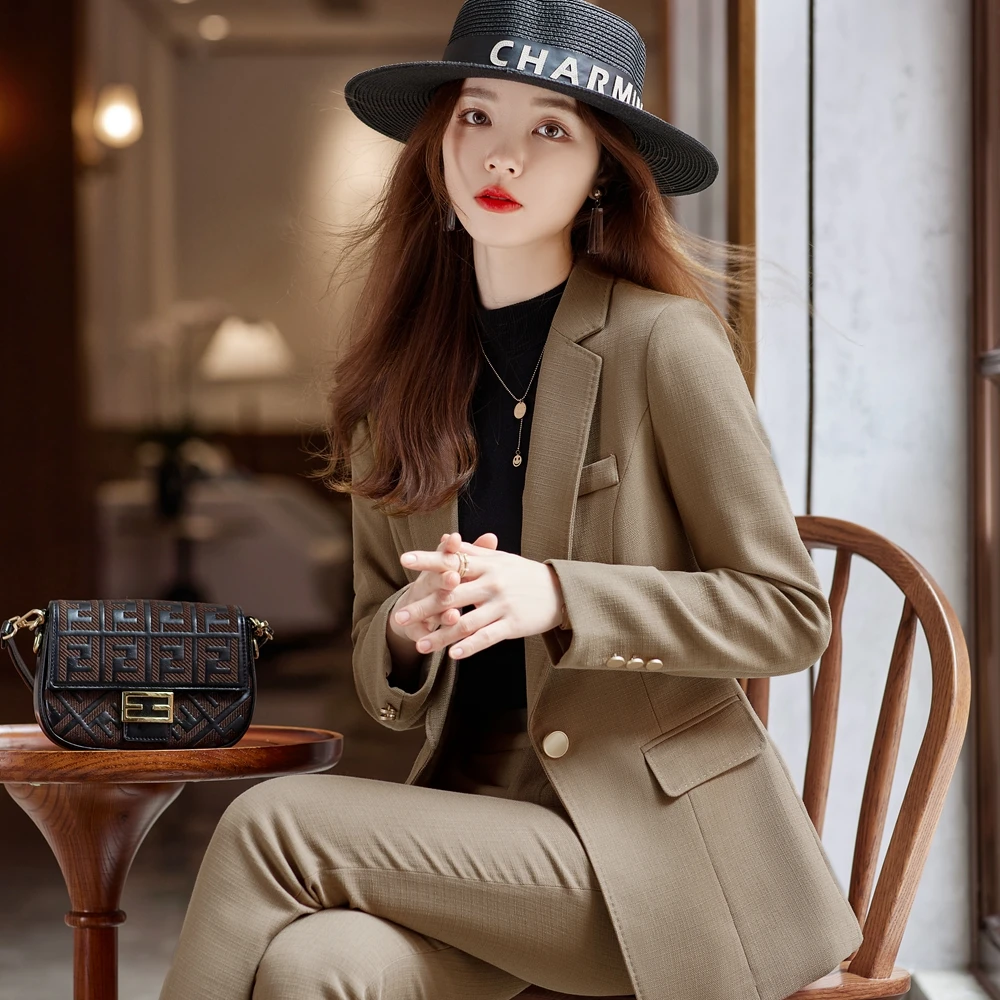 Korean Formal Ladies Khaki Green Women Business Suits with Sets Work Wear Office Uniform  2-piece Large Size Pants Jacket Set spring autumn formal ladies khaki blazer women business suits with sets work wear office uniform skirt jacket without belt