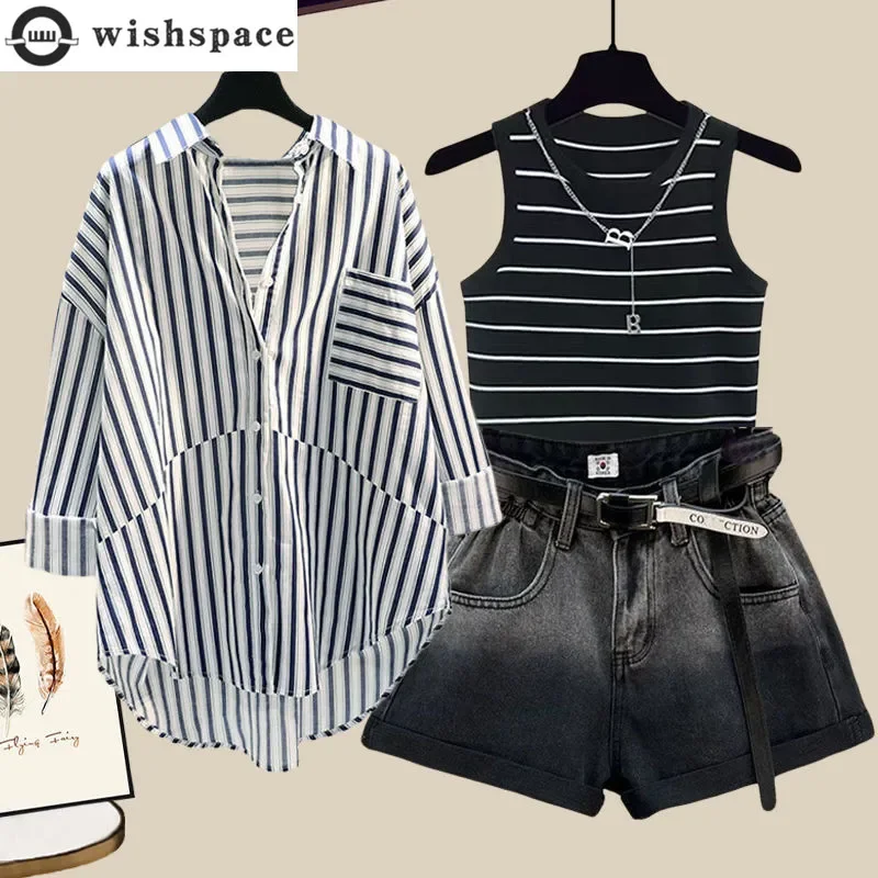 Spring/Summer Women's Set New Korean Striped Sunscreen Shirt Fashion Casual Tank Top Denim Shorts Three Piece Set