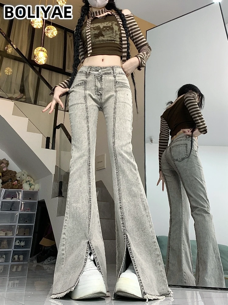 Boliyae American Retro High Waisted Jeans Flare Skinny Pants Street Trousers Y2k Fashion 2024 Split Casual Denim Pants Mom Jeans