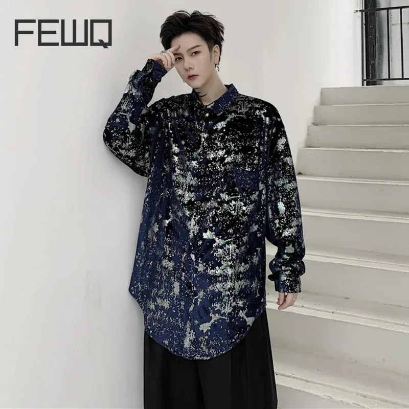 

FEWQ Gold Stamping Men's Long Sleeve Shirts Korean Fashion Niche Design Male Casual Cardigan 2024 Spring Trendy New Tops 28W3104