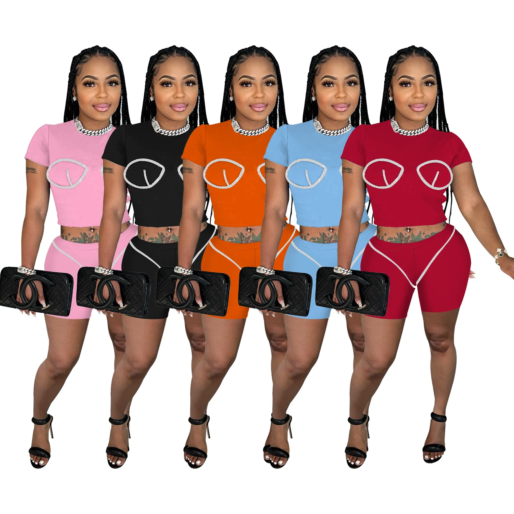 

Women Two Piece Short Set 2023 Summer Outfit Tracksuit Print T-shirt + Shorts 2 Piece Set Slim Fit Streetwear Set Female Outfits