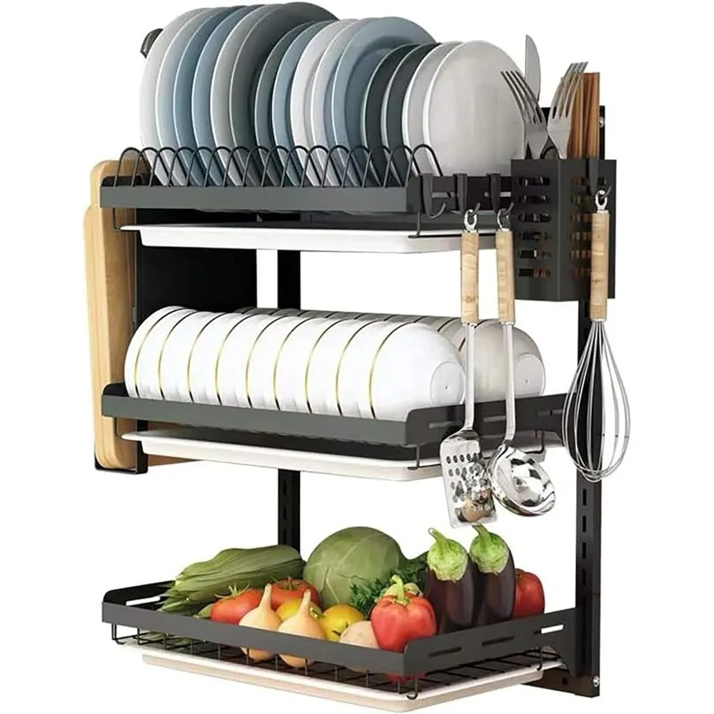 

3 Tier Black Stainless Steel Dish Drying Rack Fruit Vegetable Storage Basket with Drainboard and Hanging Chopsticks Cage Knife