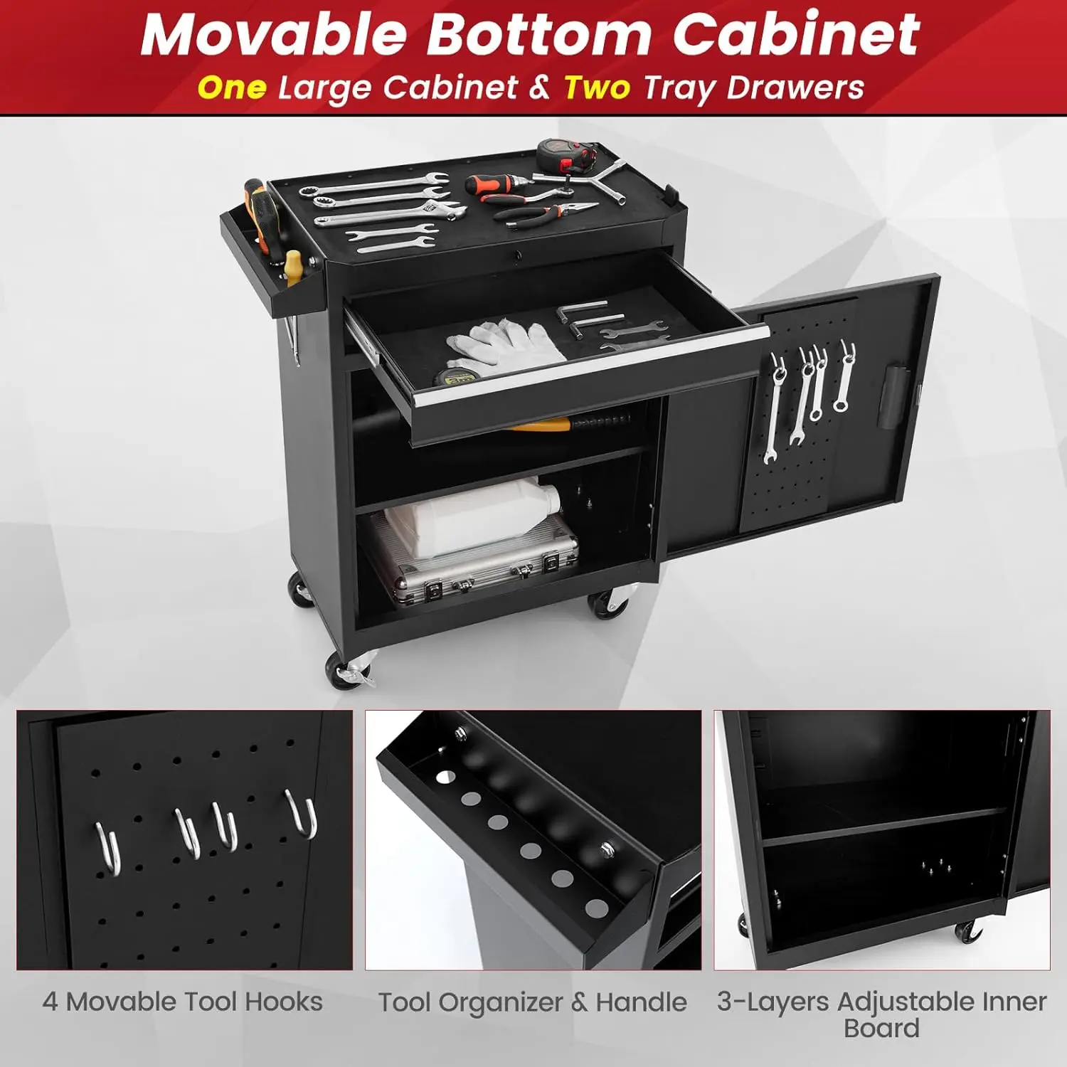 Tool Chest Cabinet Rolling- Heavy Duty Material & Lockable Top-Box & Storage Cabinet for Garage and Workshop - 5-Draw 4