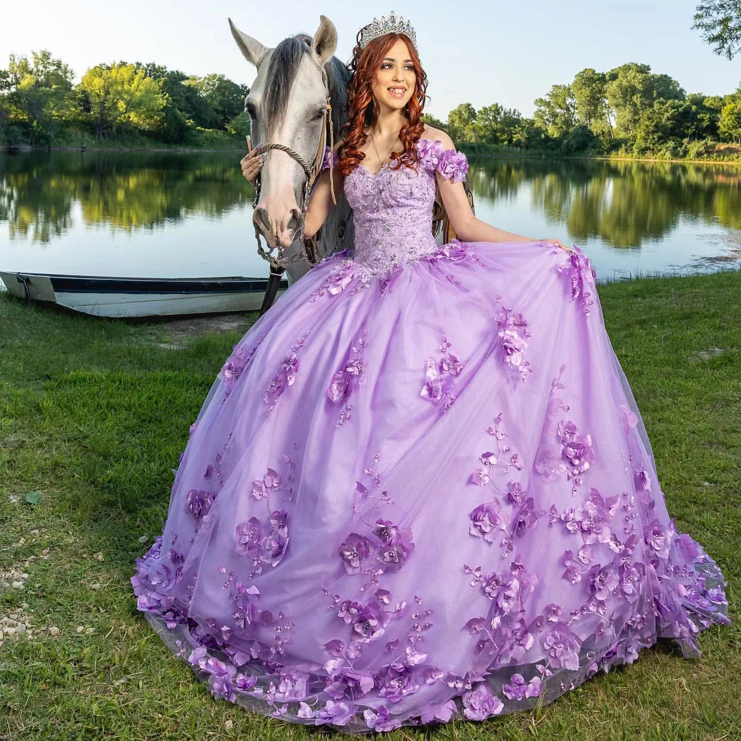 

Purple Handmade Flowers Quinceanera Dress Off The Shoulder Lace Appliques Beads Vestido De 15 16 Anos