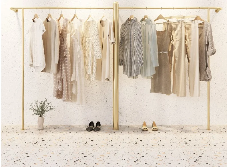 Clothes store display rack gold iron hanger simple floor type